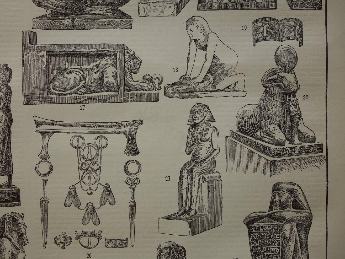 Oude prent over Egyptische kunst uit de oudheid Originele antieke illustratie Egypte beeld beelden Vintage Prints