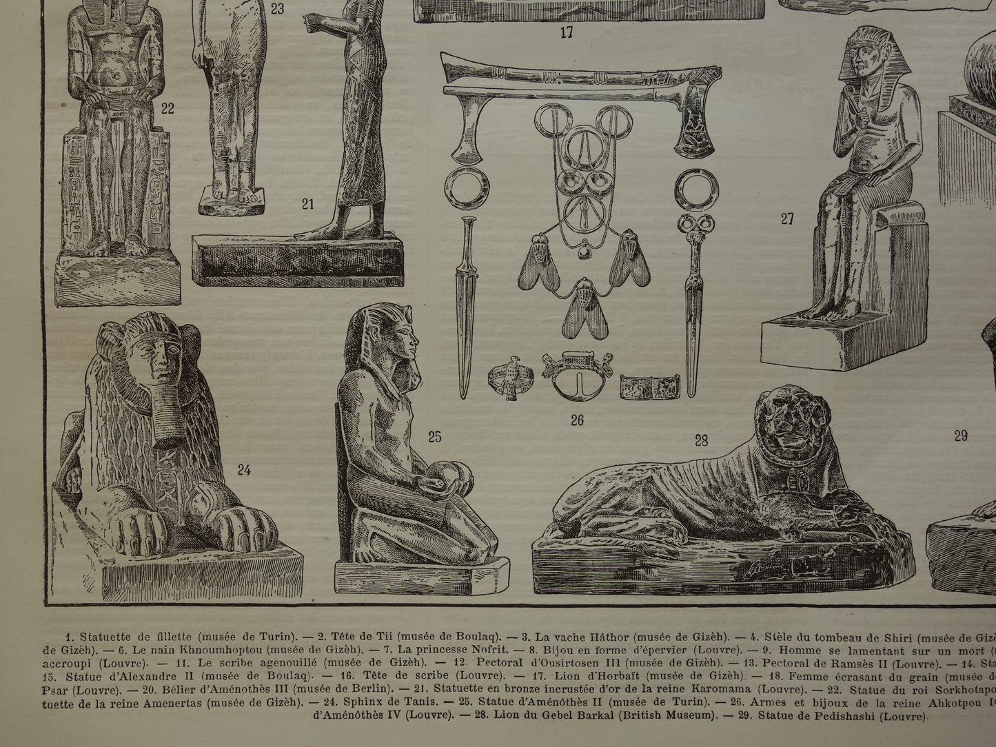 Oude prent over Egyptische kunst uit de oudheid Originele antieke illustratie Egypte beeld beelden Vintage Prints