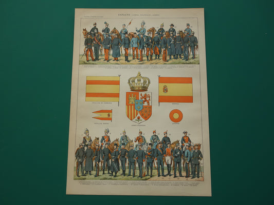 Oude prent van Spaanse Leger Uniformen en Vlaggen originele antieke illustratie Spanje Vlag Uniform pre WWI vintage afbeelding prints