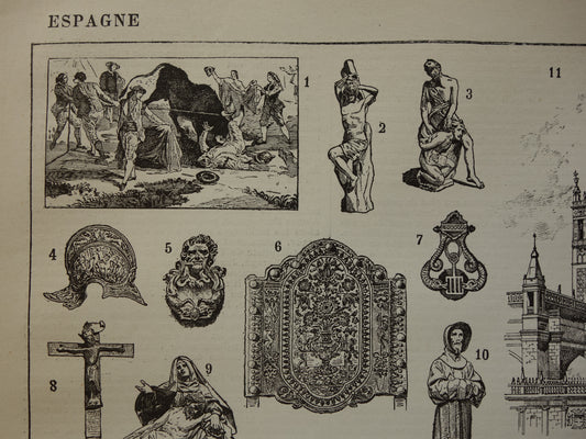 Oude prent over Spaanse kunst en architectuur Originele antieke illustratie Spanje Vintage Prints