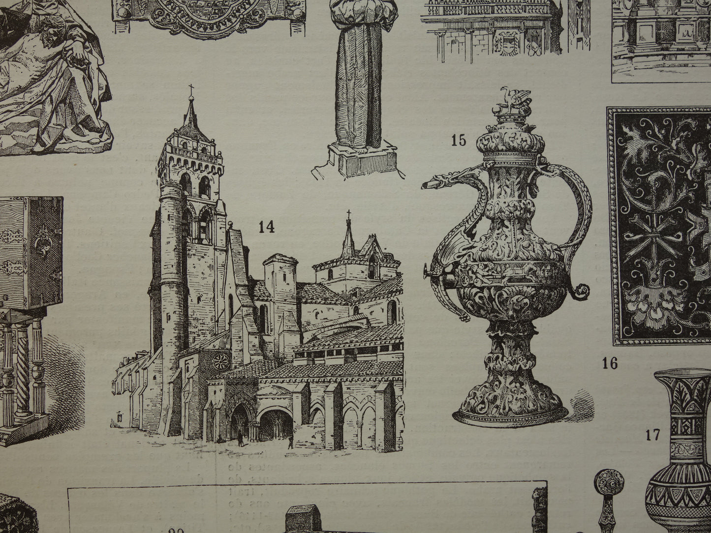 Oude prent over Spaanse kunst en architectuur Originele antieke illustratie Spanje Vintage Prints