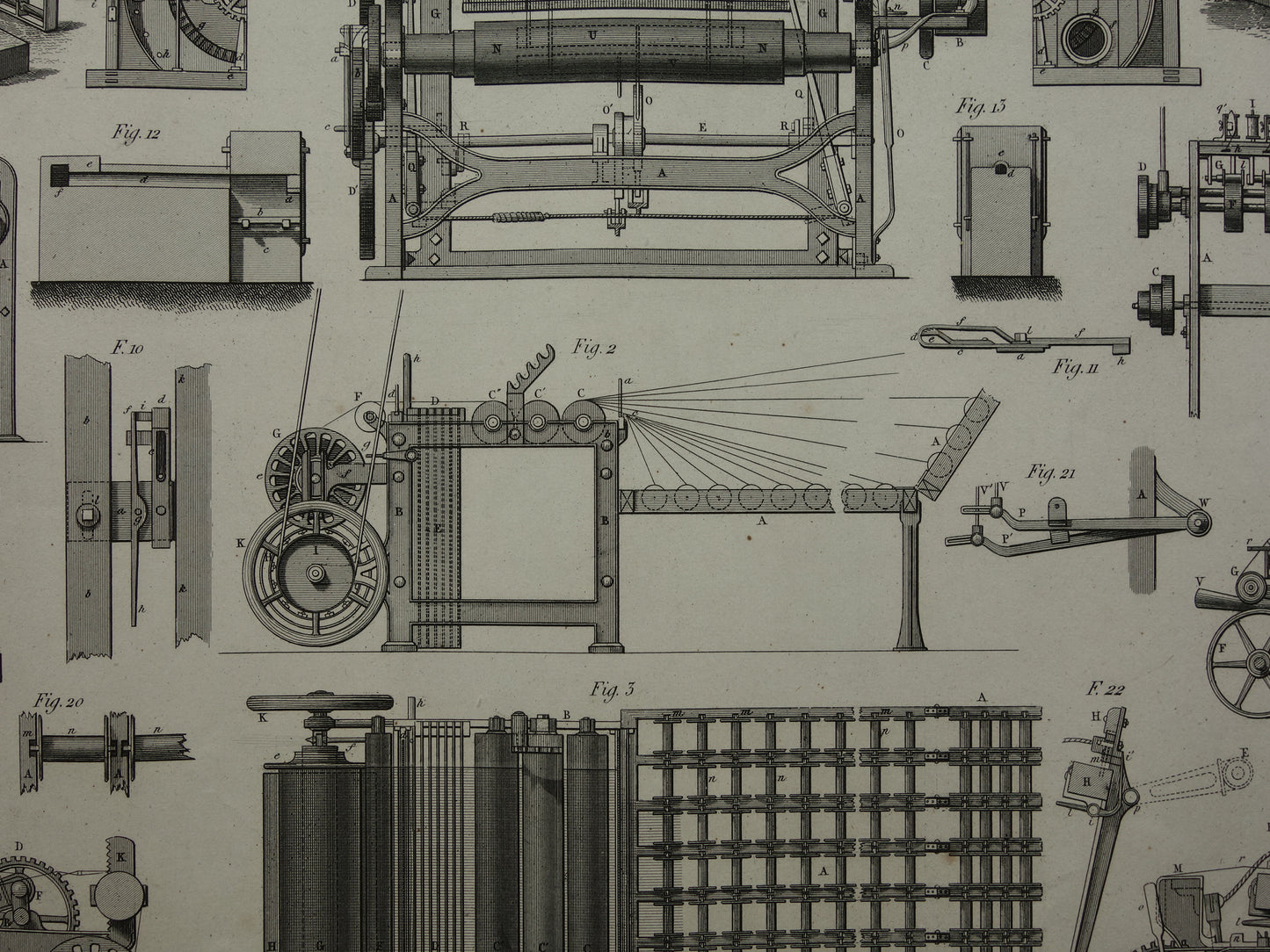 Antieke technologie prent katoen weverij weefgetouw uit 1851 originele 170+ jaar oude illustratie van katoen weven productie