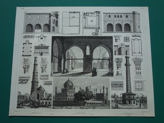 Oude Architectuur Prent met Ibn Toeloenmoskee Caïro Ibrahim Rauza Bijapur India Qutb Minar Oude illustratie Vintage Print