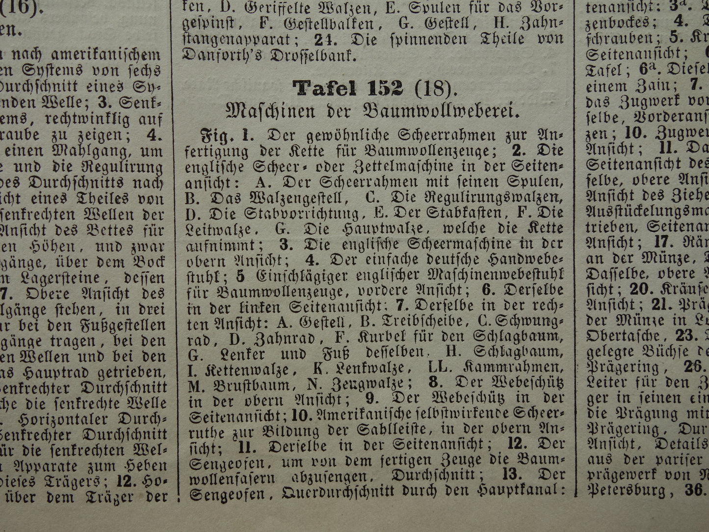 Antieke technologie prent katoen weverij weefgetouw uit 1851 originele 170+ jaar oude illustratie van katoen weven productie