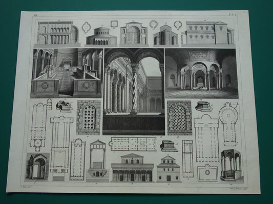 Oude architectuur prent Kerken Basilieken Originele antieke illustratie Kerk Rome Basiliek architectuurgeschiedenis print