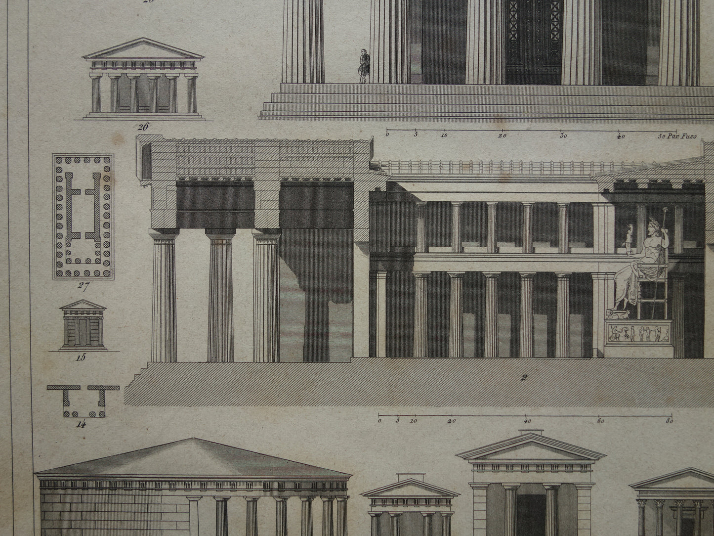 Greek temples ancient architecture print Original antique illustration temple Zeus Olympia Hephaestus Athens vintage print