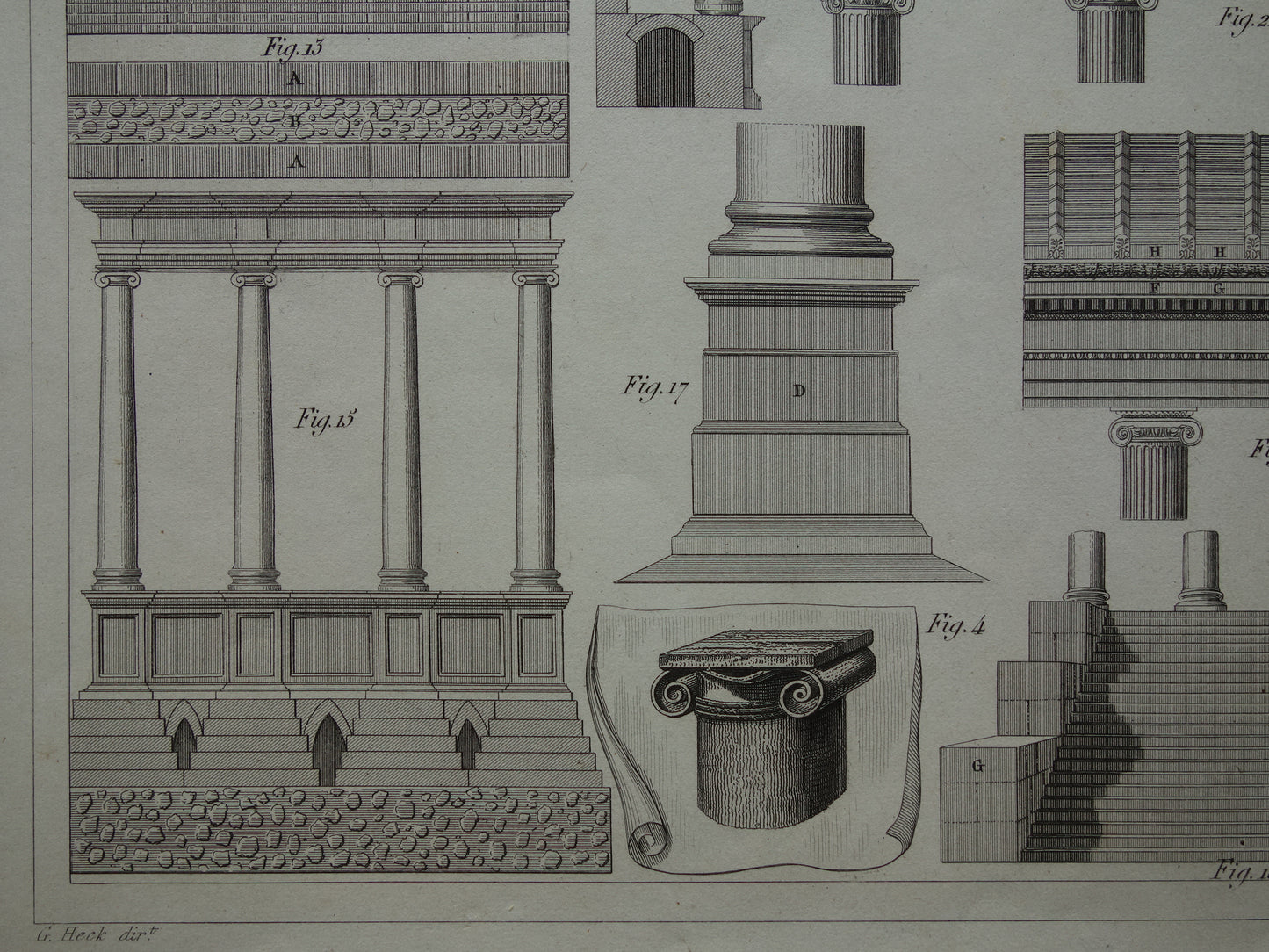 Ancient architecture print building in classical antiquity Original antique illustration Greek columns walls roofs architectural history print