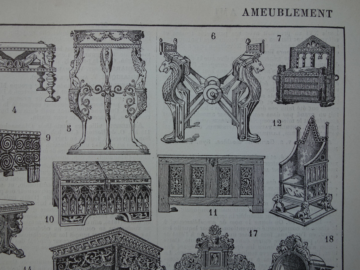 Meubelgeschiedenis oude prent over meubels Originele antieke illustratie Meubel design stijlen door de eeuwen heen Vintage Prints