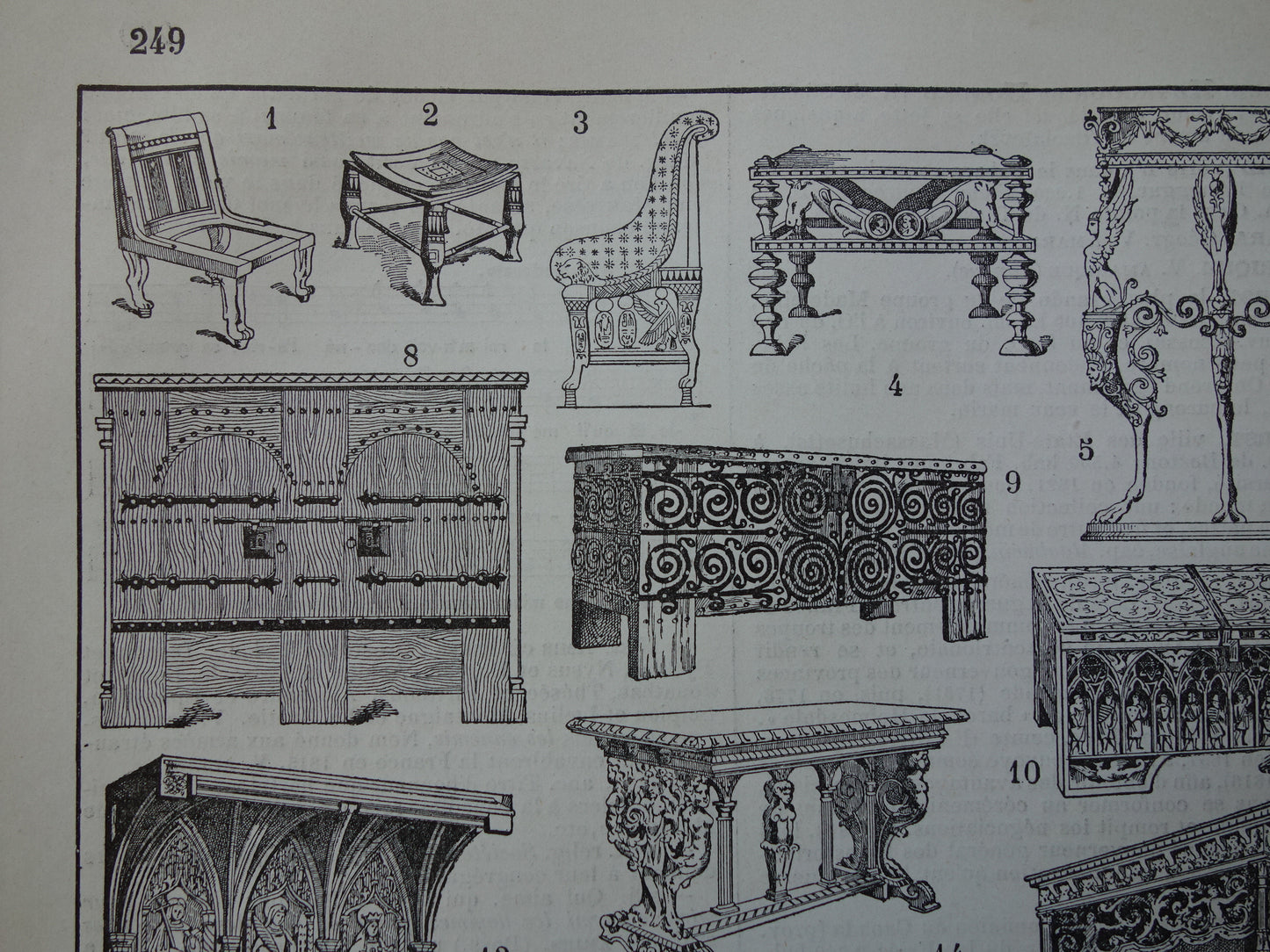 Meubelgeschiedenis oude prent over meubels Originele antieke illustratie Meubel design stijlen door de eeuwen heen Vintage Prints