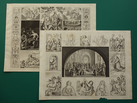 Antieke prent kunstgeschiedenis schilderkunst uit renaissance Raphael Leonardo Da Vinci Michelangelo originele oude illustratie prints