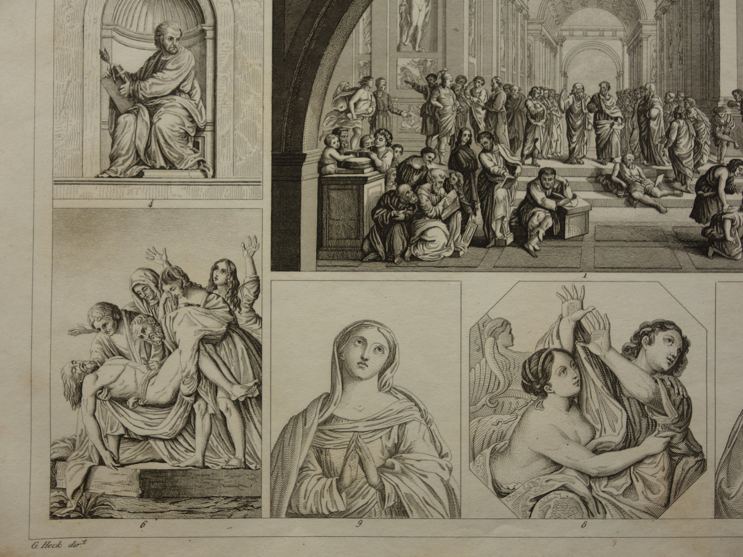 Antieke prent kunstgeschiedenis schilderkunst uit renaissance Raphael Leonardo Da Vinci  Michelangelo originele oude illustratie prints