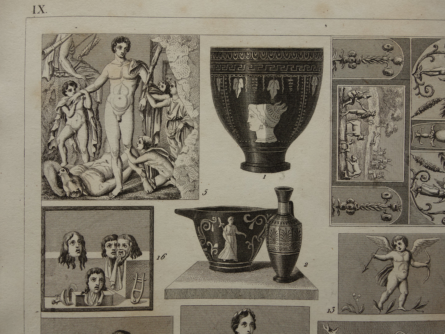 Antieke prent kunstgeschiedenis Romeinse muurschildering mozaïek schilderkunst Originele oude illustratie kunst uit Romeinse tijd