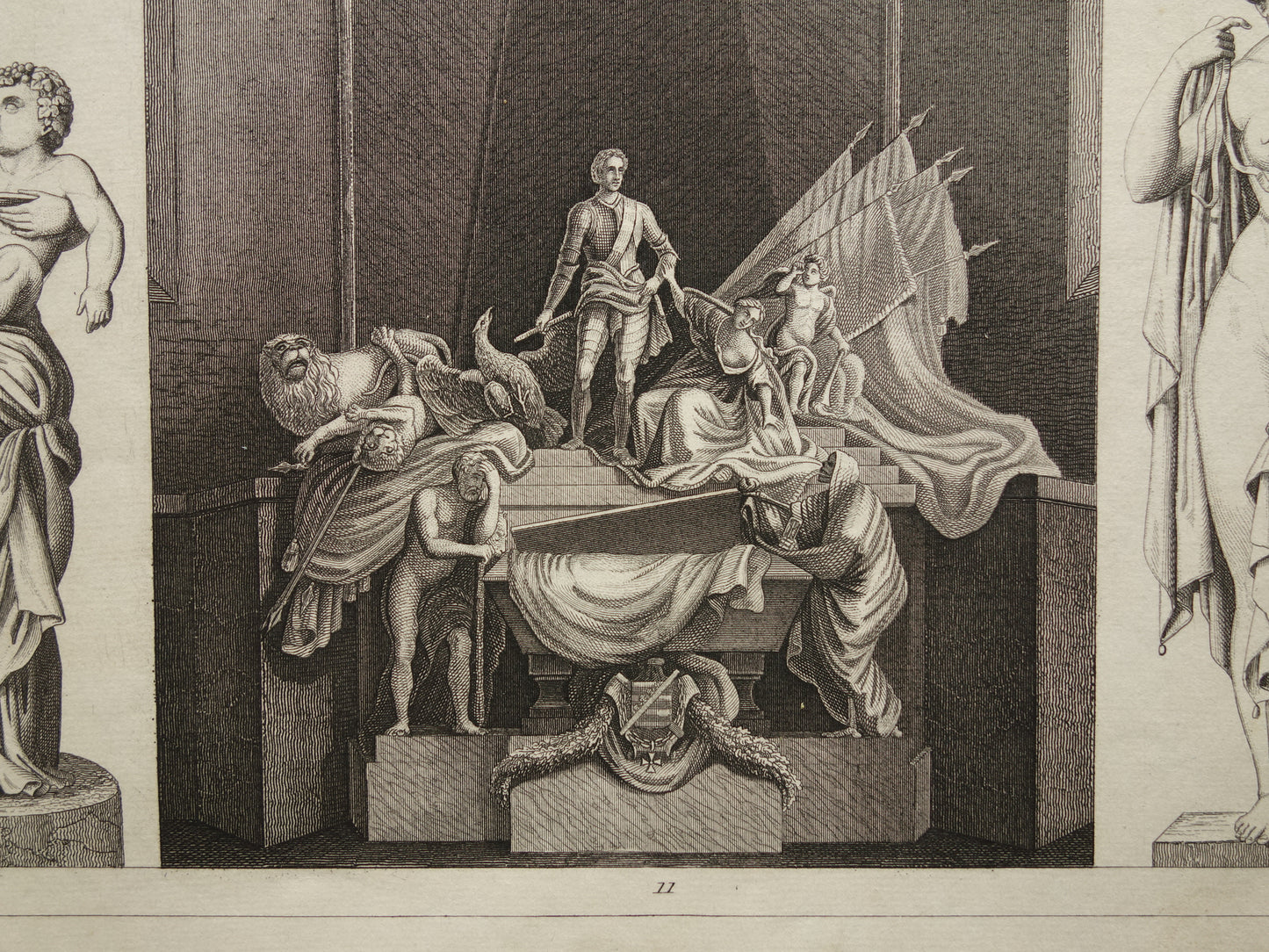 Oude prent kunstgeschiedenis standbeelden Originele antieke print Kunst Jean-Baptiste Pigalle Beeldhouwkunst vintage illustratie Beeldhouwer