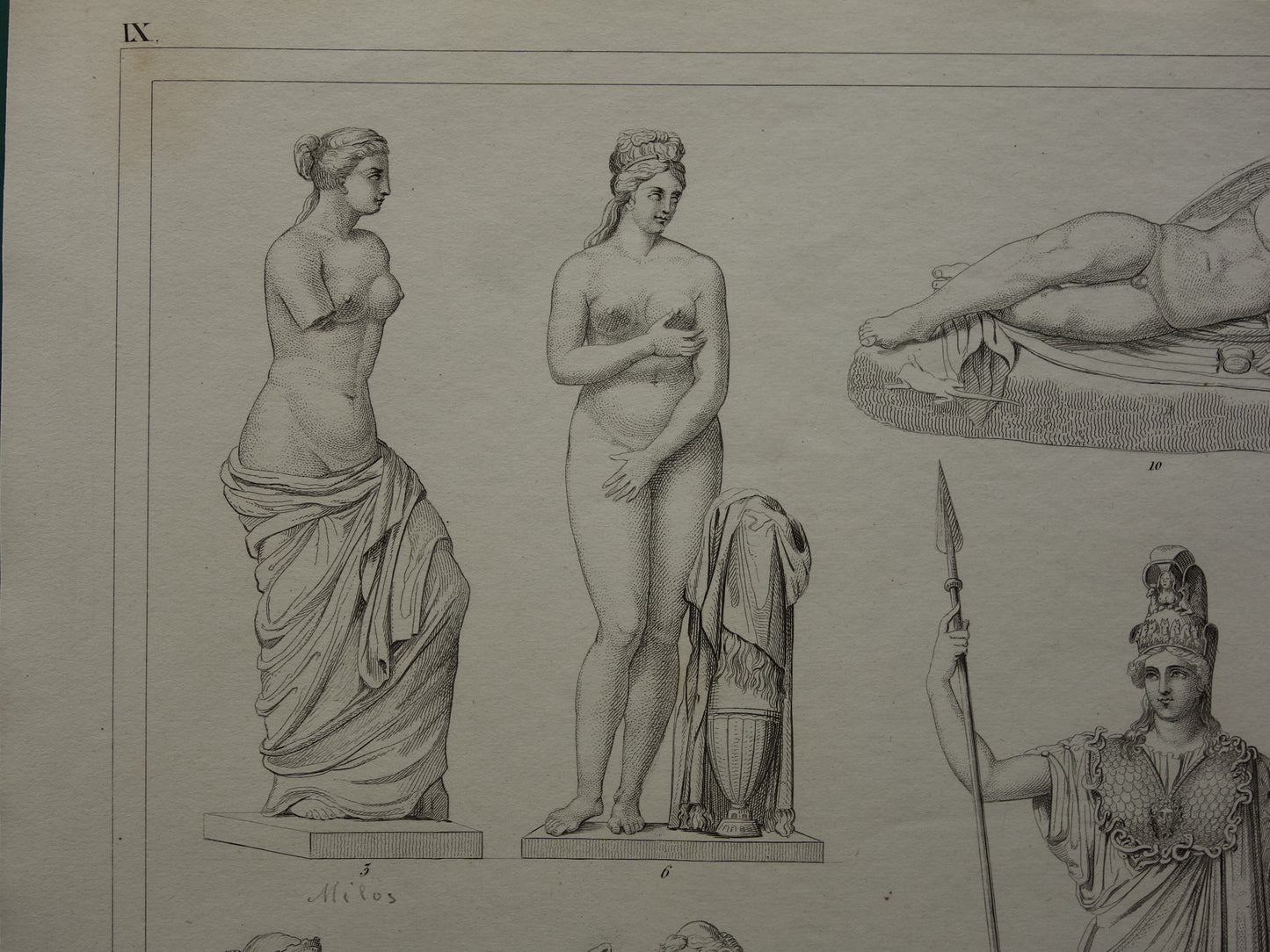 Oude prent kunstgeschiedenis Griekse beelden Phidias Minerva Originele antieke print Venus de Milo Kunst Beeldhouwkunst vintage illustratie Beeldhouwwerken
