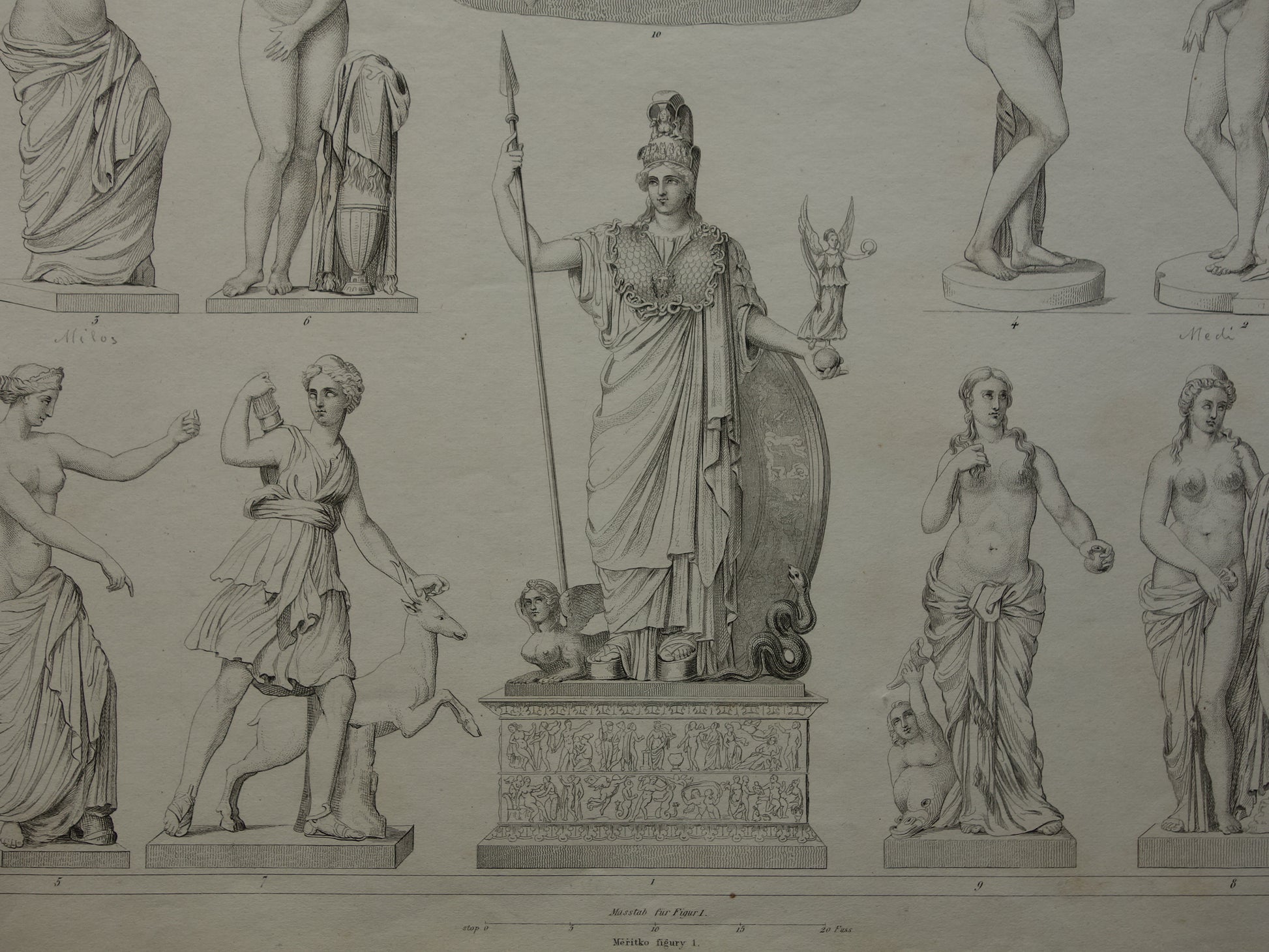 Oude prent kunstgeschiedenis Griekse beelden Phidias Minerva Originele antieke print Venus de Milo Kunst Beeldhouwkunst vintage illustratie Beeldhouwwerken