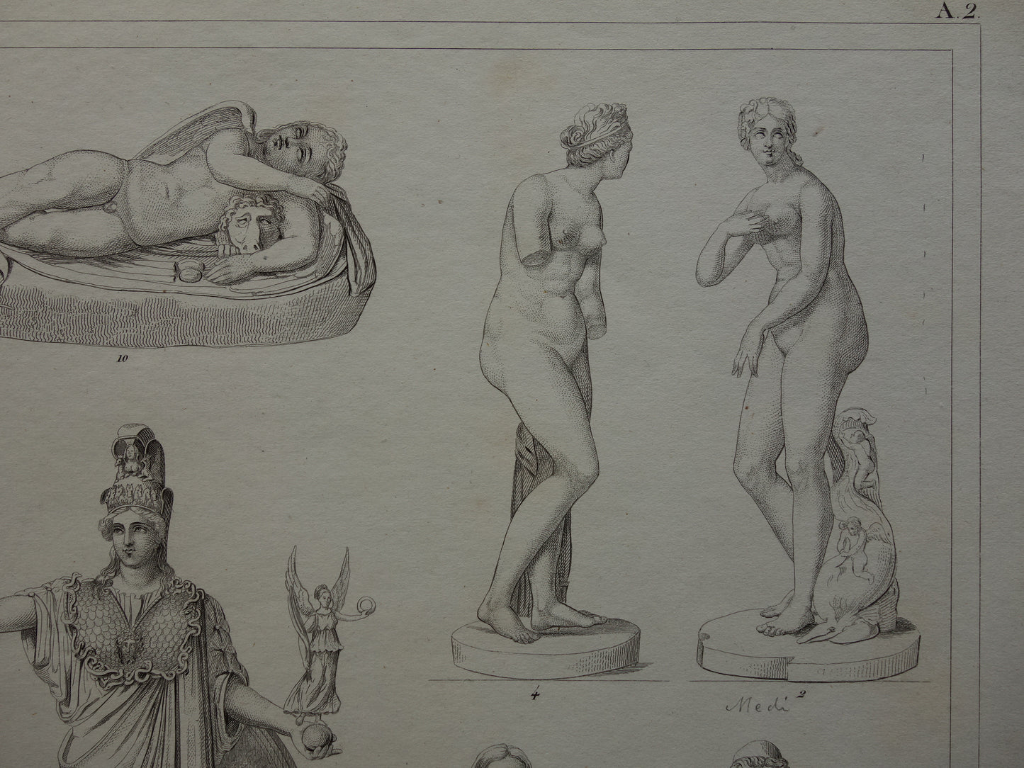 Oude prent kunstgeschiedenis Griekse beelden Phidias Minerva Originele antieke print Venus de Milo Kunst Beeldhouwkunst vintage illustratie Beeldhouwwerken