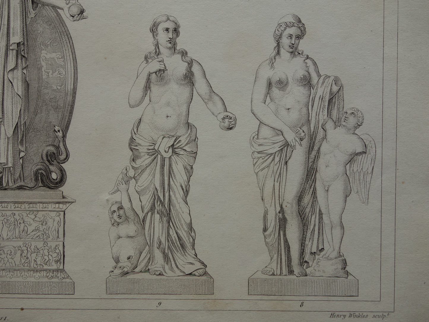 Oude prent kunstgeschiedenis Griekse beelden Phidias Minerva Originele antieke print Venus de Milo Kunst Beeldhouwkunst vintage illustratie Beeldhouwwerken