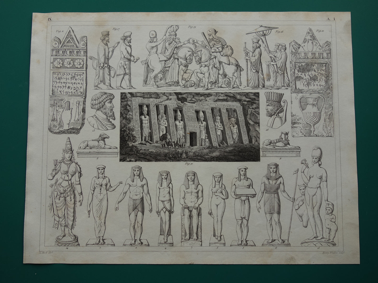 Oude prent kunstgeschiedenis Originele antieke print Egyptische Perzische Kunst Abu Simbel Tempel Farao Beeldhouwkunst vintage illustratie Beeldhouwwerken