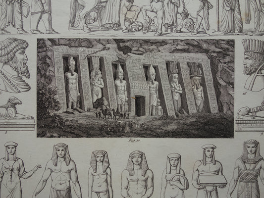Oude prent kunstgeschiedenis Originele antieke print Egyptische Perzische Kunst Abu Simbel Tempel Farao Beeldhouwkunst vintage illustratie Beeldhouwwerken
