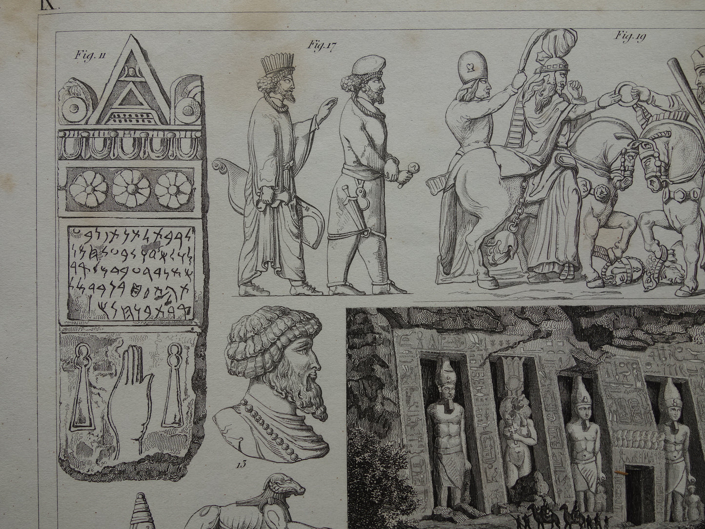 Oude prent kunstgeschiedenis Originele antieke print Egyptische Perzische Kunst Abu Simbel Tempel Farao Beeldhouwkunst vintage illustratie Beeldhouwwerken