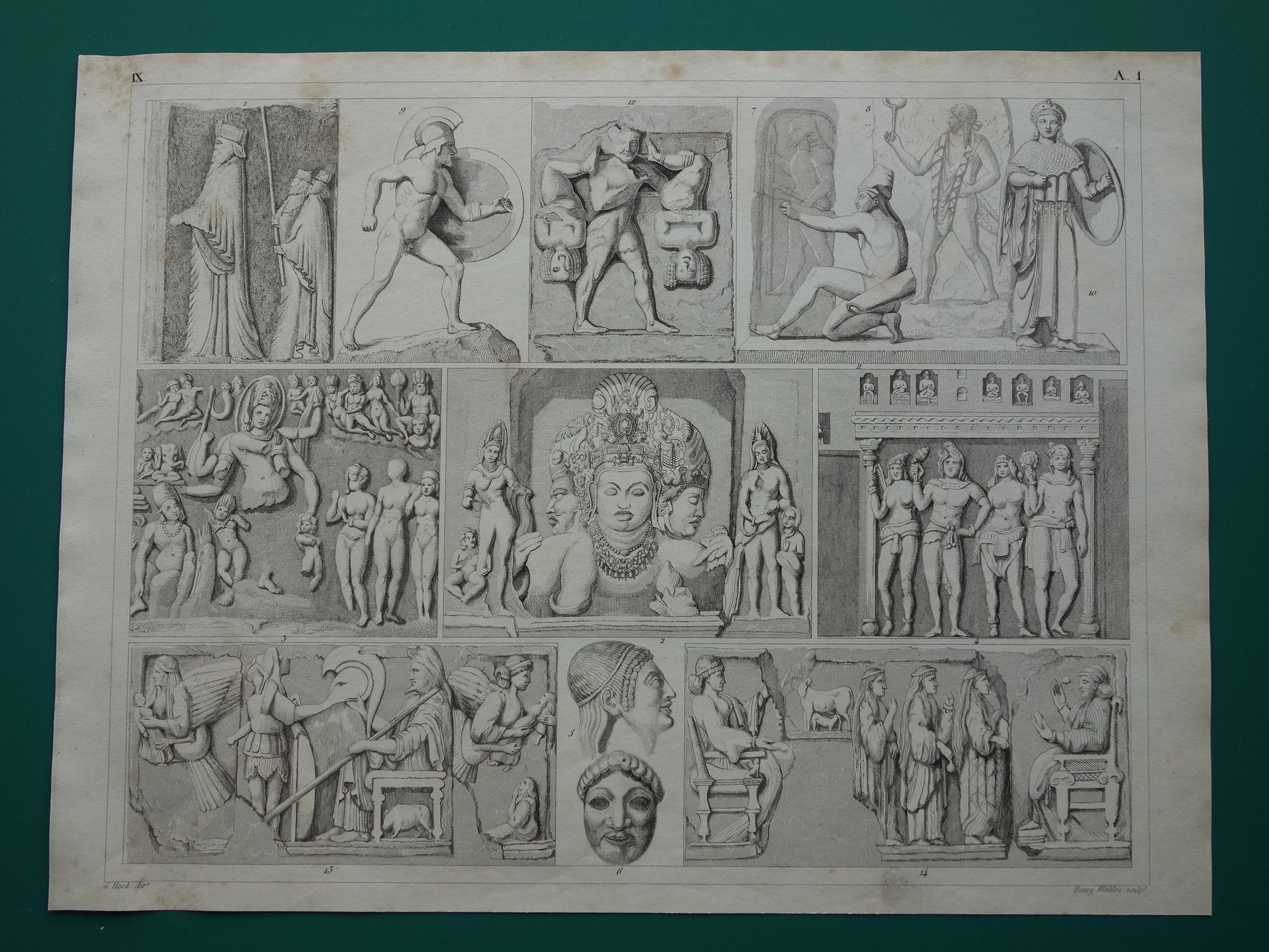 Oude prent kunstgeschiedenis Originele antieke  illustratie Geschiedenis Beeldhouwkunst