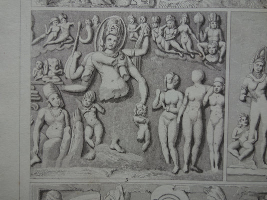 Oude prent kunstgeschiedenis Originele antieke print Beeldhouwkunst India Ellora Elephanta grotten illustratie Geschiedenis Beeldhouwwerken