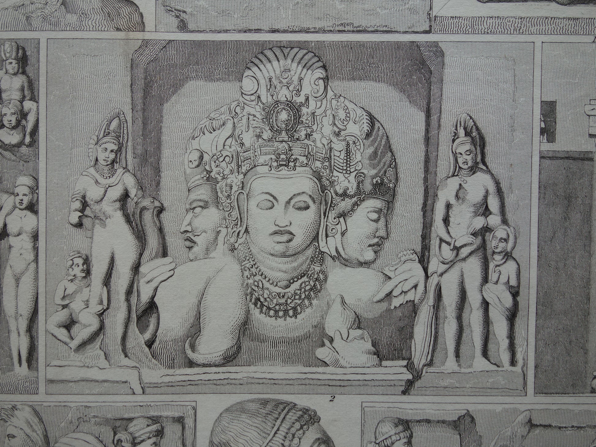 Oude prent kunstgeschiedenis Originele antieke Beeldhouwkunst India Ellora Elephanta grotten Etruskisch illustratie Geschiedenis Beeldhouwwerken