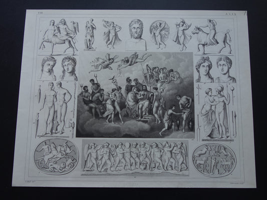 160+ jaar oude prent van Griekse en Romeinse goden Originele antieke illustratie Jupiter Zeus Europa Mars Venus vintage god religie print