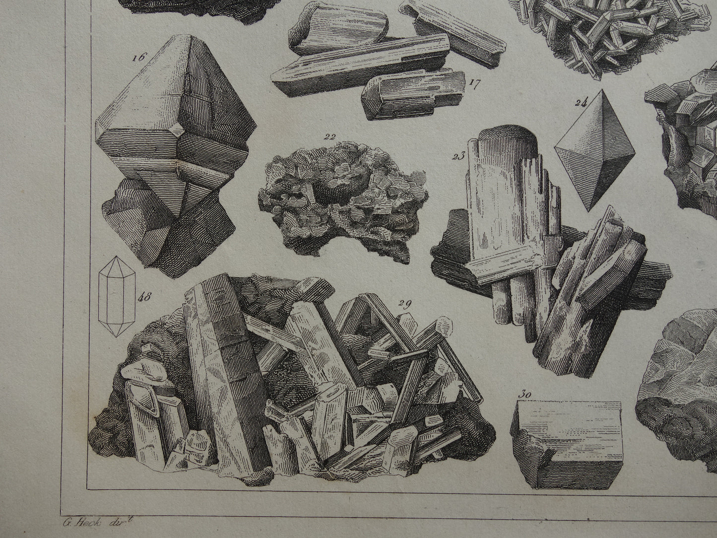 Oude prent Edelstenen en Mineralen 1849 originele antieke print kristallen kristalstructuren edelsteen vormen vintage illustratie