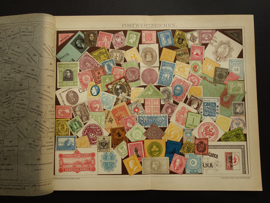 Filatelie antieke prent van postzegels uit 1908 kleurrijke illustratie van postzegel ontwerpen vintage print