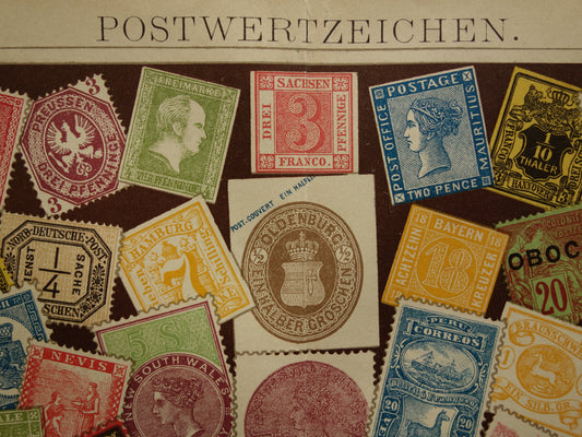 Filatelie antieke prent van postzegels uit 1908 kleurrijke illustratie van postzegel ontwerpen vintage print