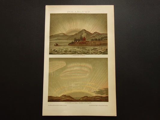 Noorderlicht antieke prent uit 1908 met illustratie van het poollicht originele vintage print aurora borealis