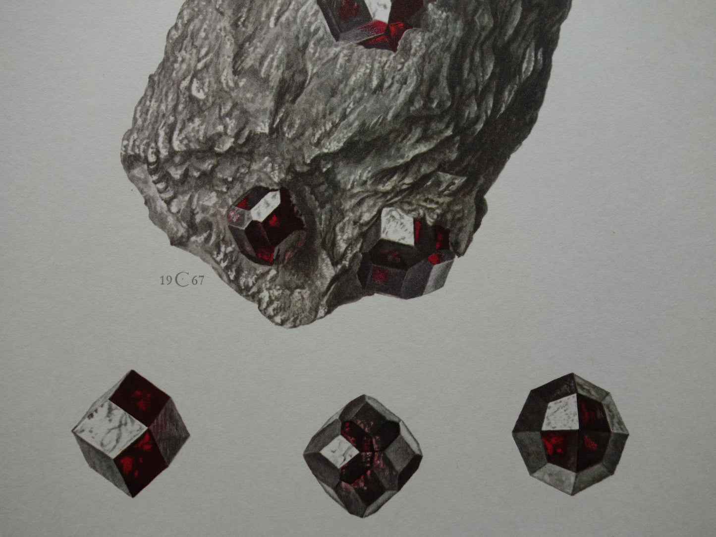 Set van 3 oude mineralen prenten - drie vintage prints kristallen mineralen edelsteen Augiet Almandien Celestien illustratie