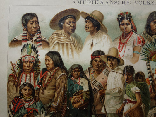 Oude prent van Indianen Antieke illustratie oorspronkelijke bewoners Amerika Antropologie Etnografie