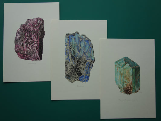 Copy of Set van 3 oude mineralen prenten Kammereriet Labradoriet Amazoniet Drie vintage prints kristallen mineralen edelsteen illustratie