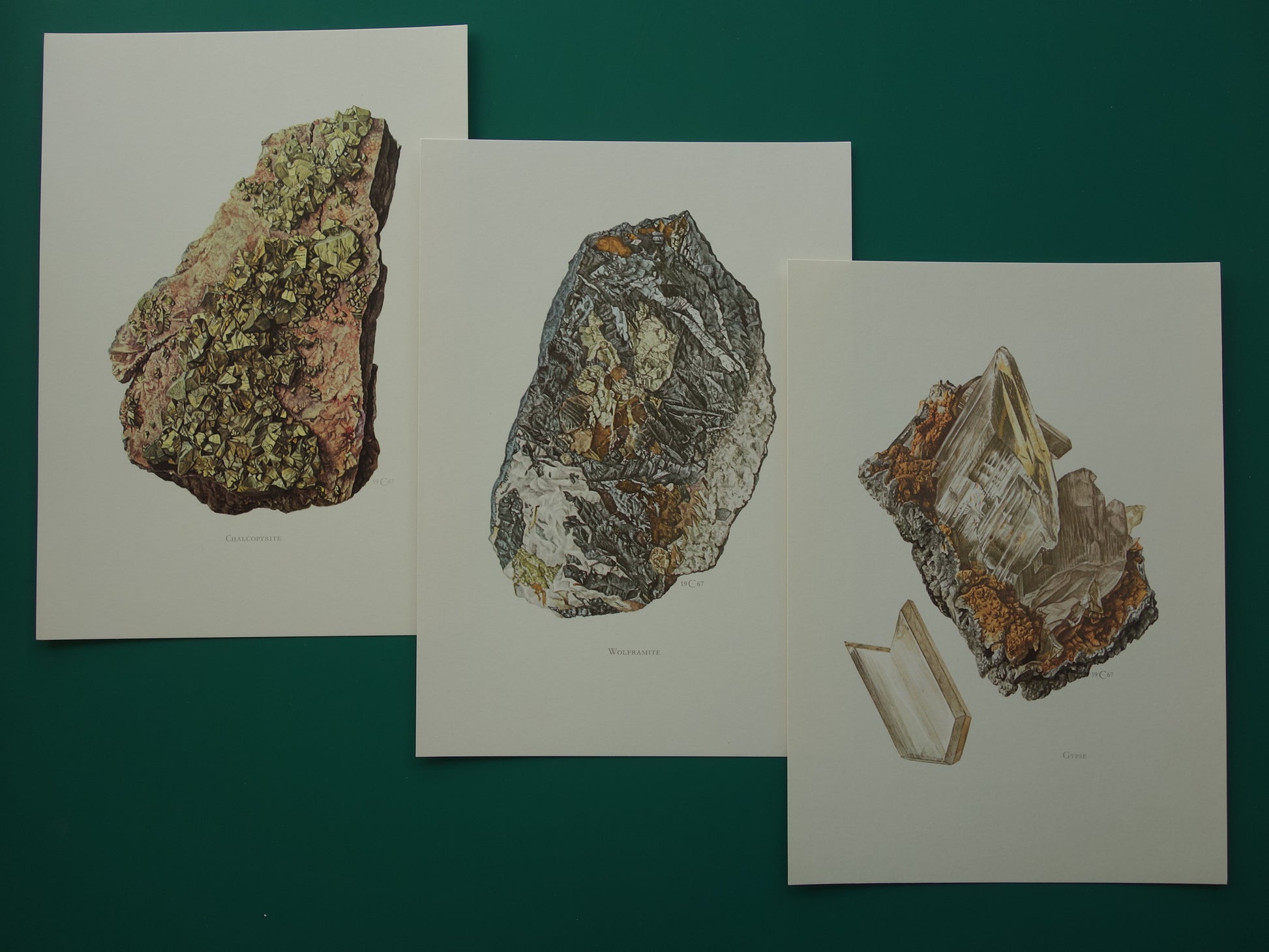 Drie Prenten van Mineralen en Edelstenen Vintage Illustratie Gips Wolframiet Chalcopyriet Kristal Mineraal Muurdecoratie Kristallen