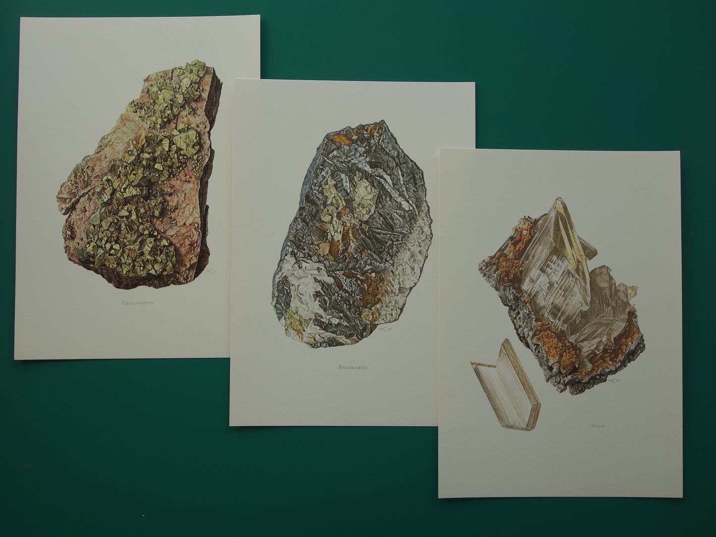 Drie Prenten van Mineralen en Edelstenen Vintage Illustratie Gips Wolframiet Chalcopyriet Kristal Mineraal Muurdecoratie Kristallen