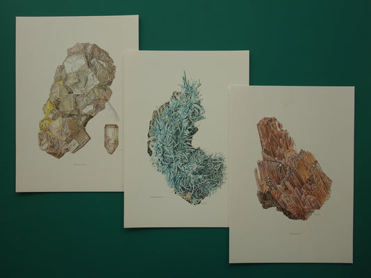 Vintage mineralen prenten Aragoniet Cerussiet Drie oude mineraal prints kristallen edelstenen illustratie