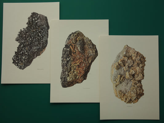 Prachtige mineralen prenten Manganiet Valentiniet Ankeriet Drie oude mineraal prints kristallen edelstenen illustratie set 3 prenten