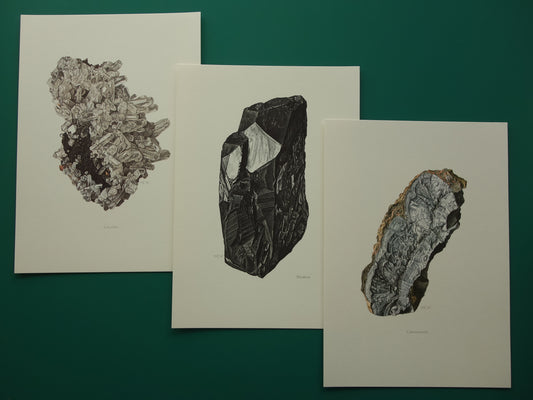 Set van 3 vintage mineralen prenten Drie oudee mineraal prints kristallen edelstenen illustratie