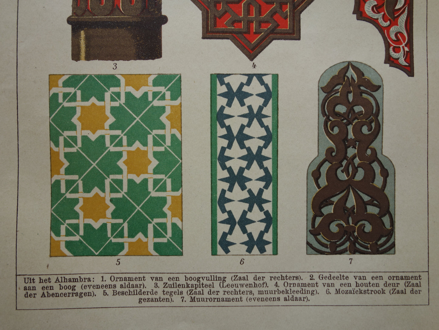 Islamitische kunst design antieke prent 1910 Originele oude illustratie van patronen uit het Alhambra Vintage Print