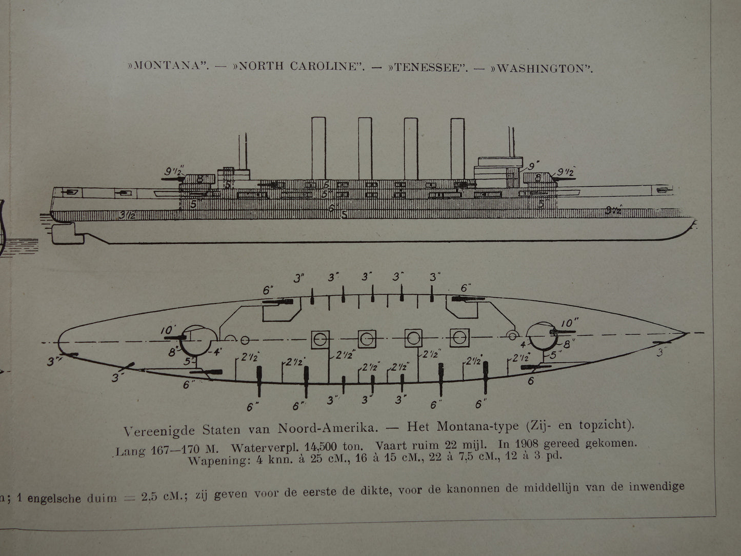 Oude prent van Oorlogsschepen uit 1910 originele antieke illustratie Mikasa Vlaggeschip Japan Dreadnought schip schepen Montana