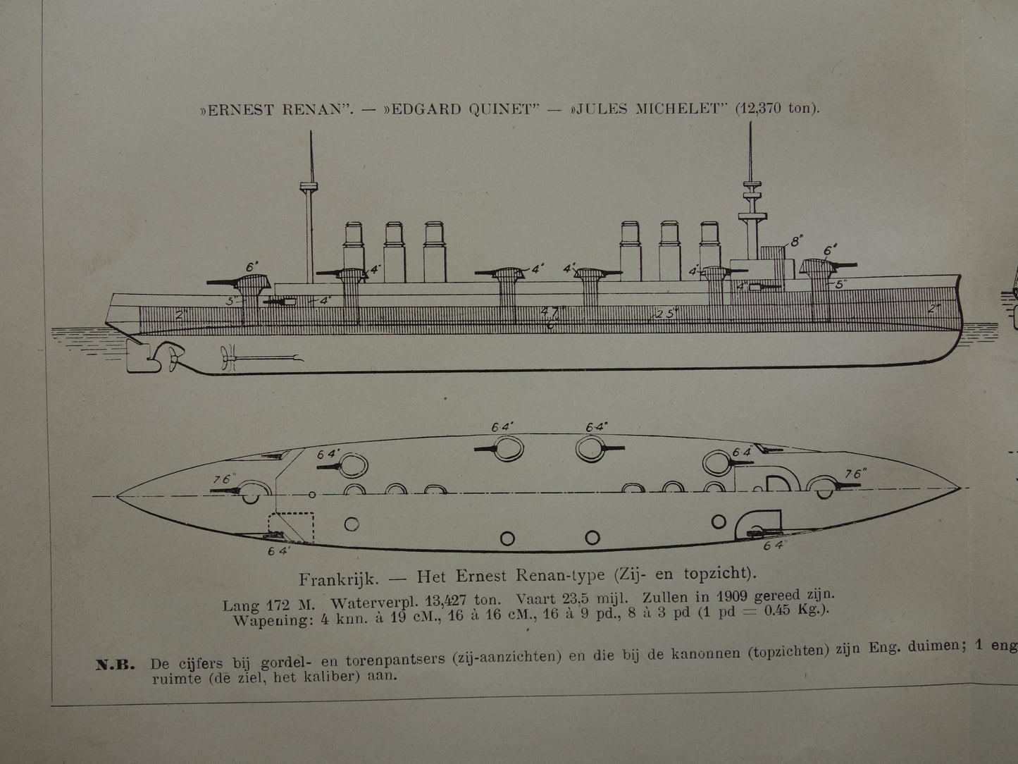 Oude prent van Oorlogsschepen uit 1910 originele antieke illustratie Mikasa Vlaggeschip Japan Dreadnought schip schepen Montana