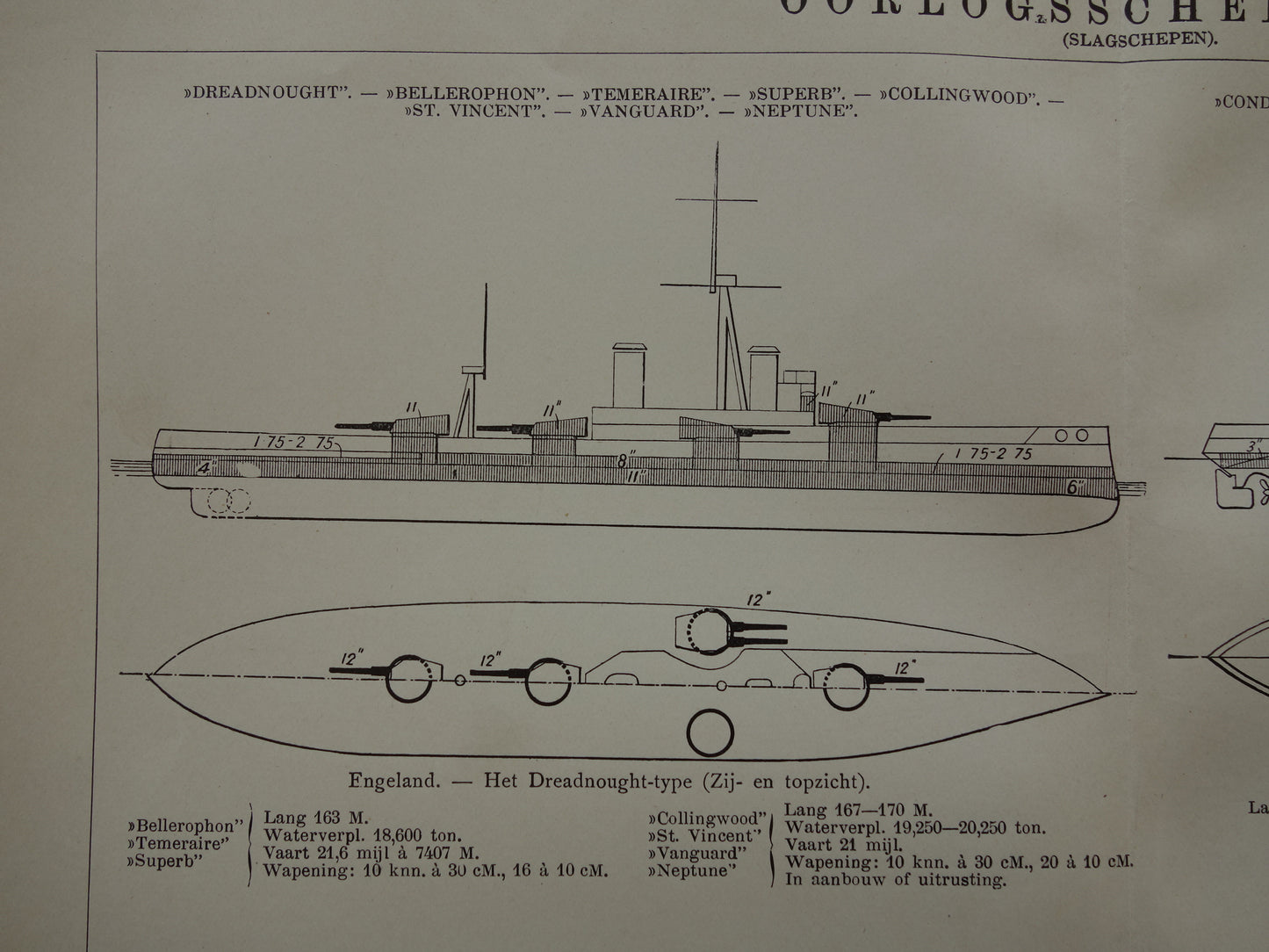 Oude prent van Oorlogsschepen uit 1910 originele antieke illustratie Mikasa Vlaggeschip Japan Dreadnought schip schepen Montana