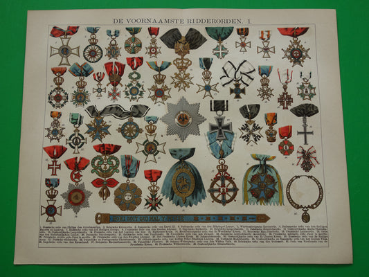 Koninklijke Onderscheidingen Vintage Print 110+ jaar oude prent van ridderorden Oude illustratie ridderorde