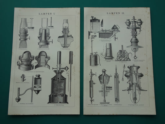 Oude techniek prent over lampen 1910 originele antieke Nederlandse vintage print verlichting lamp technologie