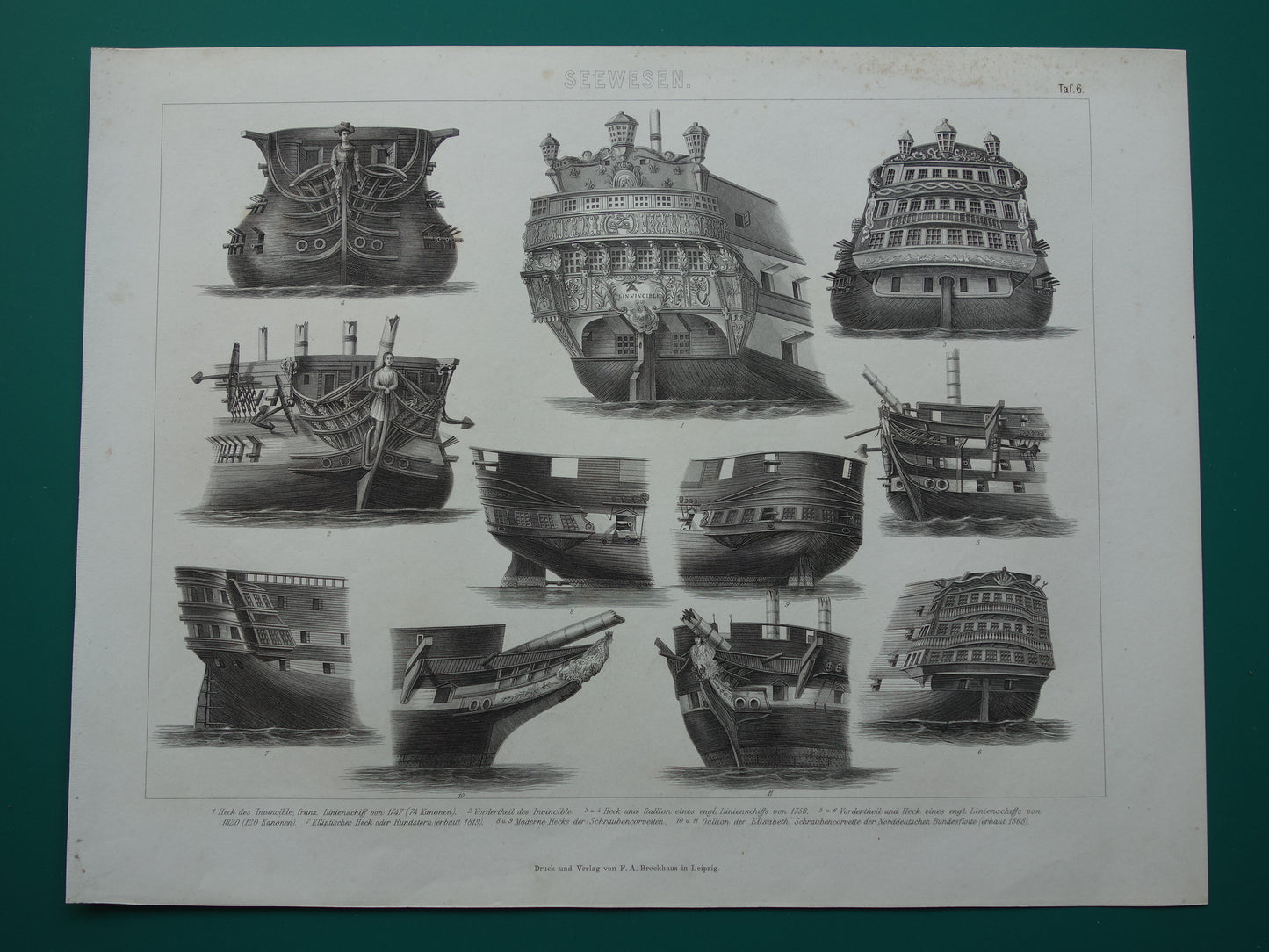 Oude prent van spiegel en boeg van historische zeilschepen originele antieke print schip spiegels  vintage scheepvaart prints nr. 6