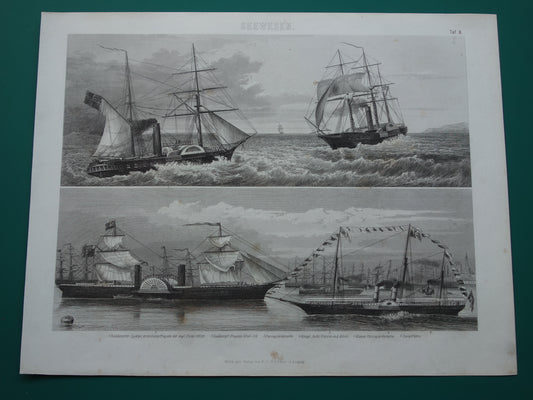 Oude prent van HMY Victoria and Albert / Cyclops uit 1870 Historische stoomschepen raderboot originele antieke print maritieme geschiedenis vintage prints nr. 8