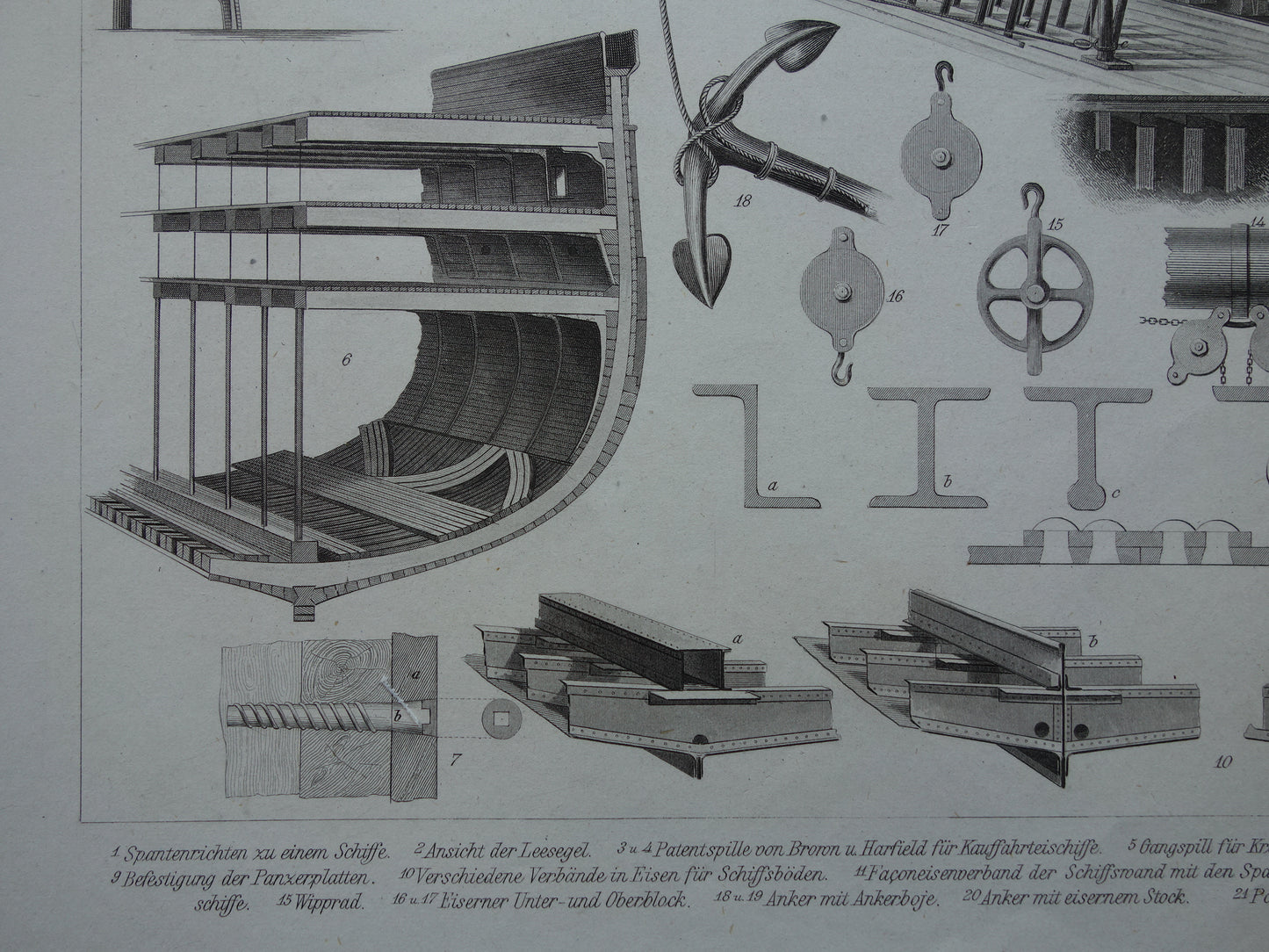 Antieke prent over scheepsbouw historische schepen originele 150 jaar oude print maritieme geschiedenis ankers scheepswerf vintage prints nr. 13