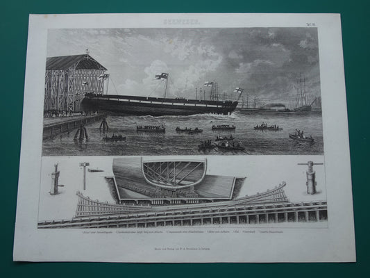 Oude scheepvaart prent tewaterlating fregat historische schepen originele antieke print maritieme geschiedenis vintage prints nr. 16